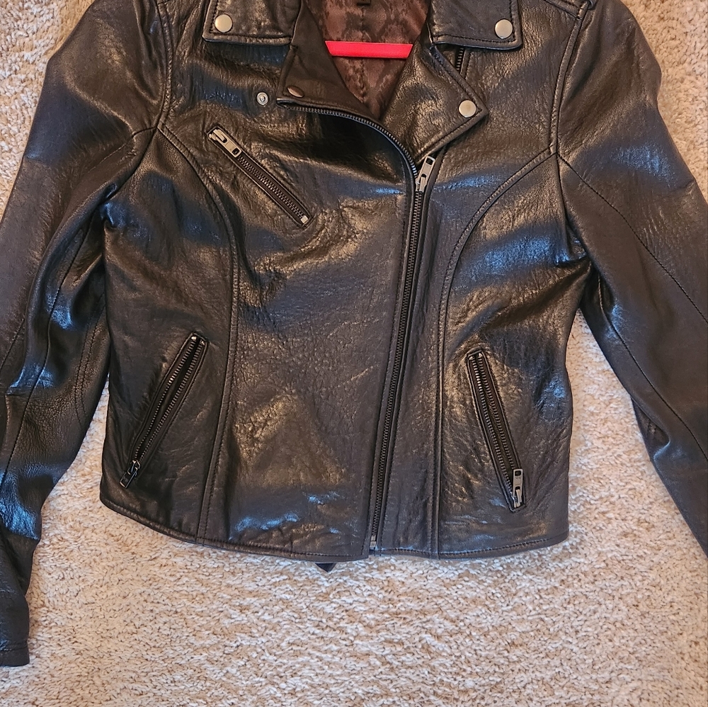 Black Rivet Leather Jacket Women's Black Moto Zip Up Biker Coat Size Medium - Picture 4 of 9